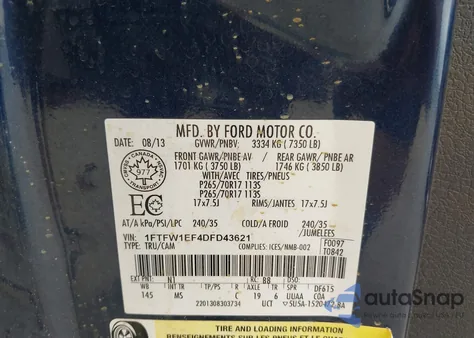 2013 Ford F-150 Xlt from USA, damaged, VIN 1FTFW1EF4DFD43621